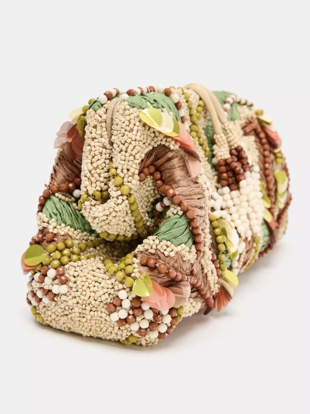 Zara Beaded Floral Clutch in Green, Tan & Pink - Picture 2 of 5